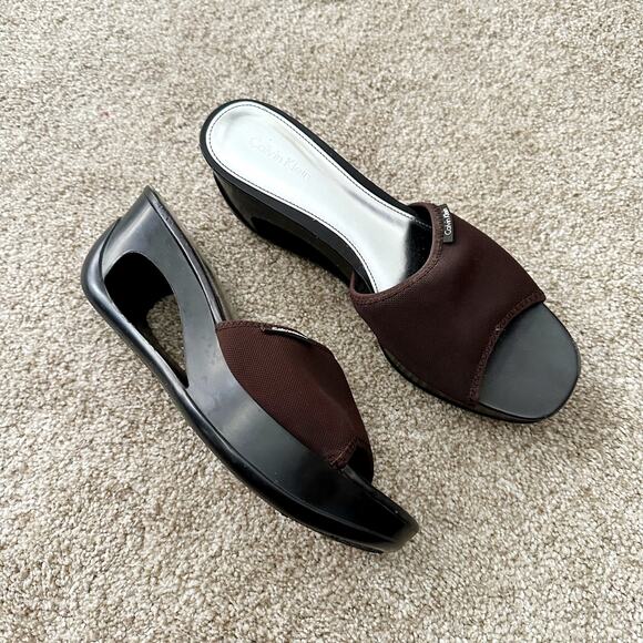 Calvin Klein Vintage 90s Y2K Chocolate Brown Cutout Wedge Platform Sandals 7.5 - Picture 2 of 7